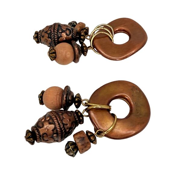 Vintage Copper Tone Bohemian Dangle Earrings 2" Beaded Boho Chic Hippie Ethnic - Picture 7 of 9